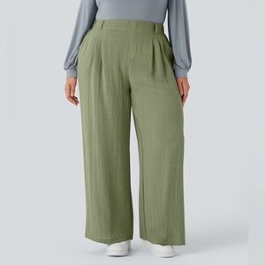 HALARA High Waisted Side Pocket Wide Leg Flowy Casual Linen-Feel Plus Size Pants